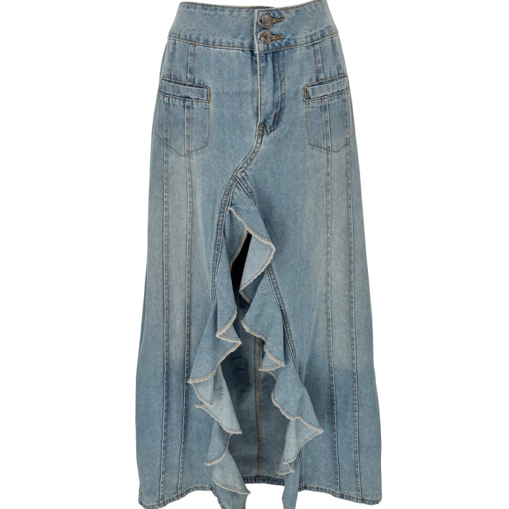 Edikted Light Wash Denim Ruffle Front Slit Maxi Skirt High Waisted Blue Size M